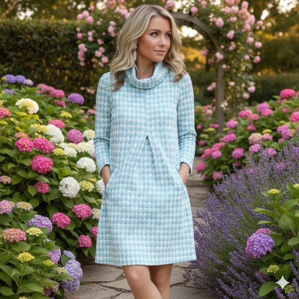 NWOT Tyler Boe Kim Blue & White Houndstooth Knit Dress Size SMALL
